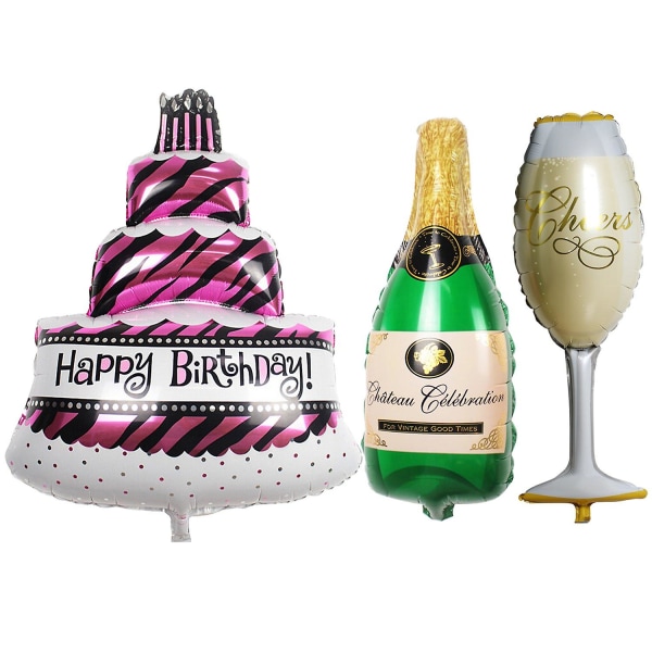 Stora födelsedagsfest ballonger set av 3 - tårta - champagne, flaska och glas former