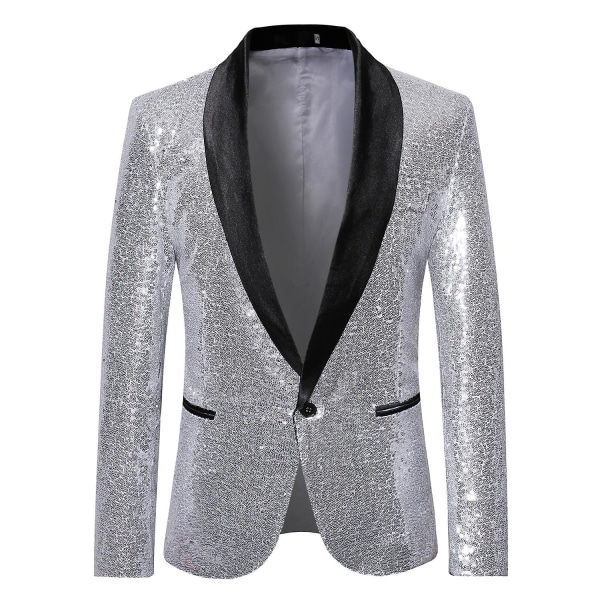 Herre Sequin Casual Blazer Fest Bryllup Efterår Vinter Regelmæssig Frakke Casual Jakke（XL Sølv）