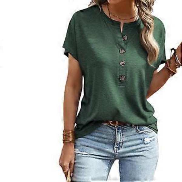 Naisten O-aukkoinen Henley-paita, rento yksivärinen lyhythihainen T-paita, väljästi istuva pusero, muodikas kesätoppi, vihreä XXL (GreenXXL) Green XXL