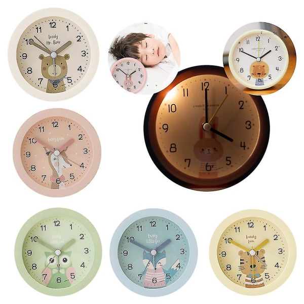 Children Alarm Clock Without Ticking Boys Girls Round Cartoon Light Alarm Clock Travel Alarm Clock Student Alarm Clock（White）