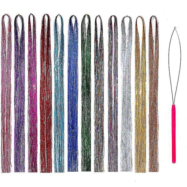 Hår Tinsel Kit Strands Med Verktyg 47 tum 12 Färger  Strands Fairy Hair Tinsel Kit Hår Extensions Glittrande Glitter Blank Silke Tinsel (12 Färger)