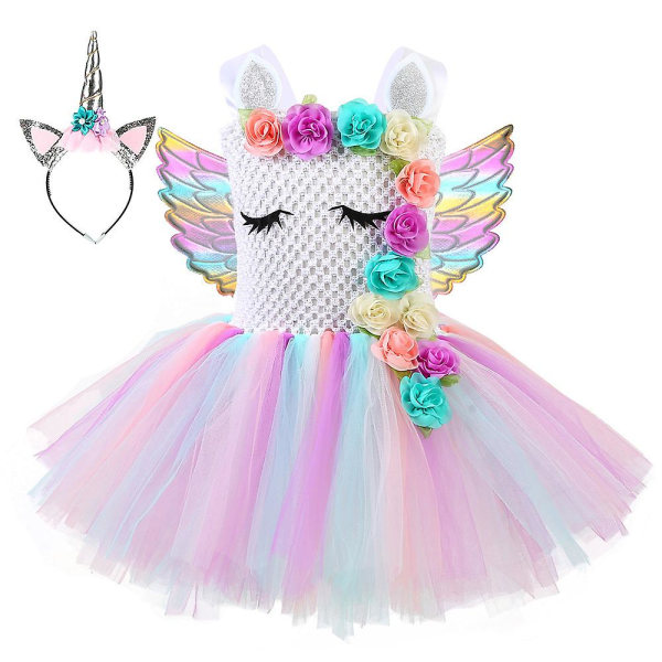 3 stk Sequin Little Child Pony Kjole Unicorn Kjole Med Vinger Hodebånd（L(5-6Y)）