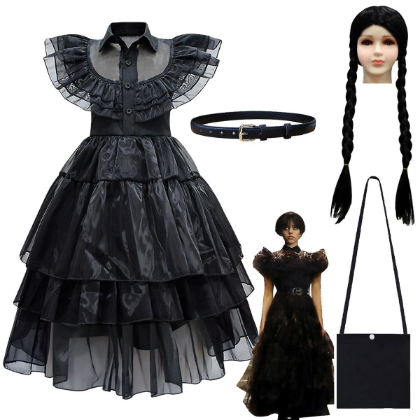Onsdag Addams Cosplay klänning Halloween kostym för barn flickor (140 cm)
