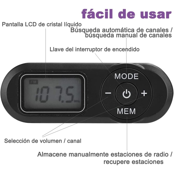 Personlig lommeradio FM bærbar minireceiver, med LCD-digitaldisplay, lomme-walkman-radio med forhåndsinnstilling, for jogging, gåing, reiser