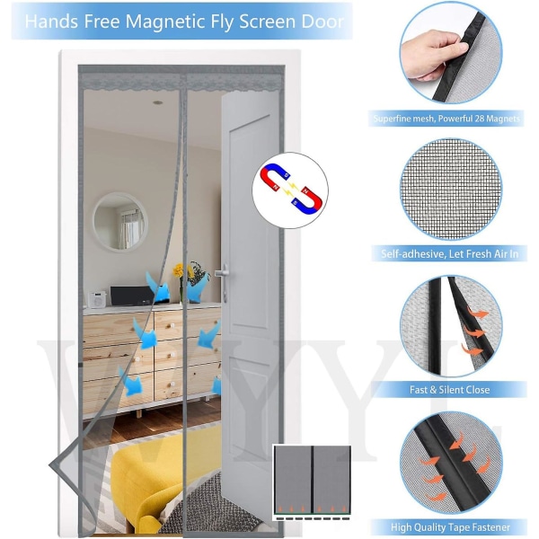 Magnetisk dør flueskjerm 90x210cm, fiberdør flueskjerm, gardiner flueskjerm for dør automatisk lukking ultra fint mesh uten hull (grå)
