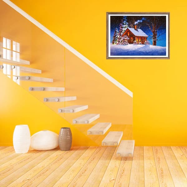 5D Diamantmaleri DIY Sæt Snehytte, Vintertræ Diamant Embr