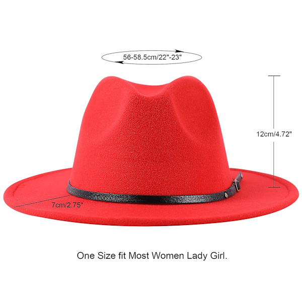 Womens Classic Wide Brim Floppy Panama Hat Belt Buckle Wool Fedora Hat（Rød）
