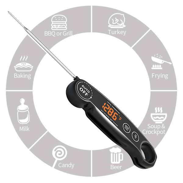 Nytt sammenleggbart, vanntett grilltermometer med LED-display, elektronisk kjøkkentermometer med USB-lading