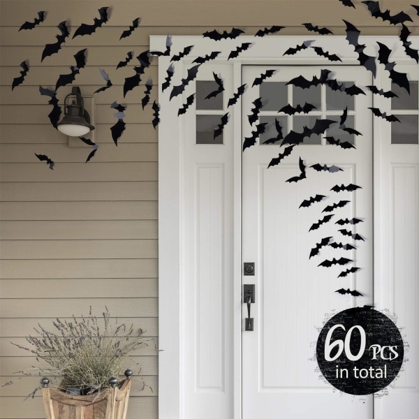 60 stk 3D Halloween flaggermusdekorasjoner, 4 forskjellige størrelser realistiske