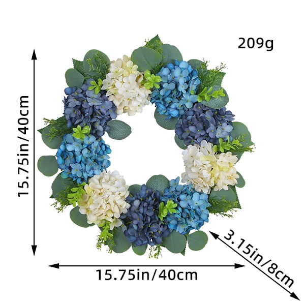 Blå og hvid hortensia krans, juledekoration, 40cm