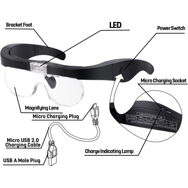 Huvudmonterad förstoringsglas USB uppladdningsbar handsfree förstoringsglas med