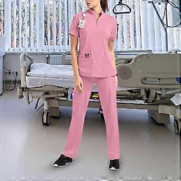 Pesuasetti pehmeällä yläosalla ja joggers-housuilla lemmikkieläinten trimmaajille, kauneushoitoloille, kylpylöille, kosmetologeille (Pinkki L) Pink L