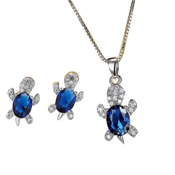 Cute Tortoise Crystal Pendant Necklace Earrings Jewelry Set For Women Girls Valentine&#39;s Day Gift（Dark Blue）