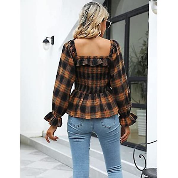 Ohpa Dame Langærmet Ternet Top Seksuelt Peplum Skjorter Firkantet Hals Sød Efterår Flannel 2022 Dame Toppe Og Bluser（XXXL Gul）