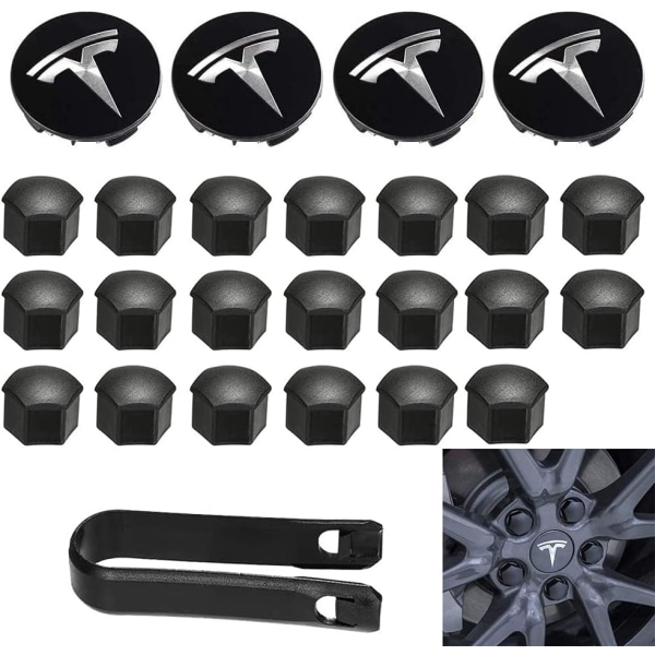 Vita navkapslar och hjulmutteröverdragssats med Tesla-logotyp, 4 st