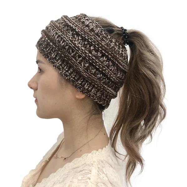 Ponytail Messy Buns Strikkede Strækbare Hue Vinter Hue Hat（Brun）