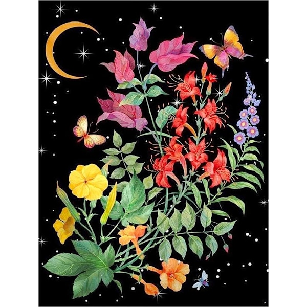 Diamantmaleri Kits til voksne 5D DIY plante diamantkunst maleri med runde diamanter fuld bore sommerfugl ædelsten kunst diamantmaleri sæt blomst og måne til vægindretning (12x16inch)