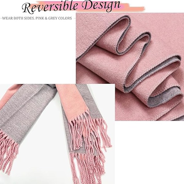 (ROSA+GRÅ)Cashmere-sjal for kvinner, vinter, reversibel, pashmina, lang
