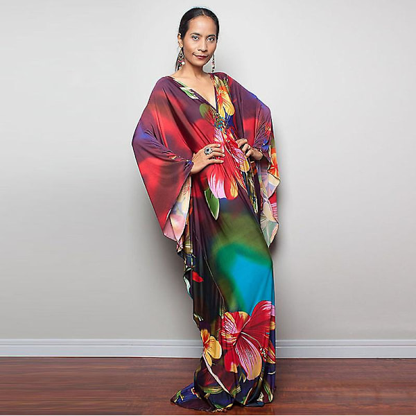 Kvinnors tryckta maxiklänning fladdermusärm strandklänning plus size solklänning strandkläder kaftan överdrag Dn0517