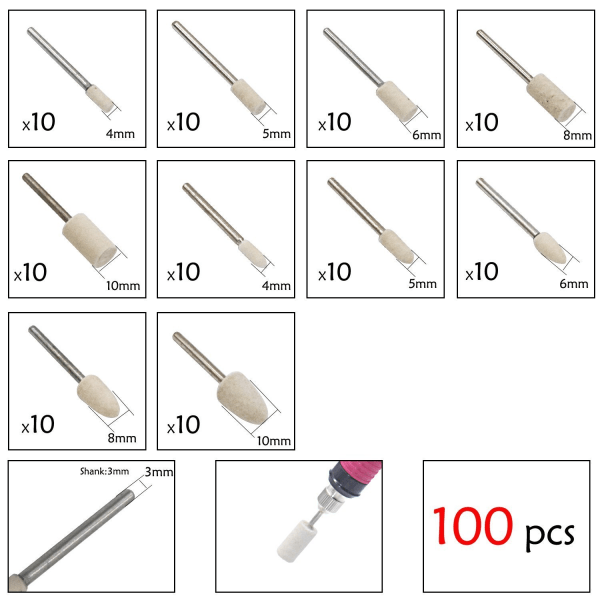100 st multifunktionella ullfiltslipmandrelmonterade poleringsverktyg