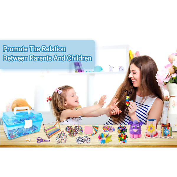 1000+ st Kids Craft Box Kit Toddler och hantverk för barn Inkluderar Pom Poms Pip Cleaners Feather Folding Box（blå）