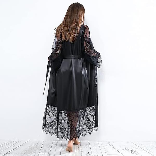 L, Kimono Badekåber Lang Silke Satin Sort Kimono Badekåbe