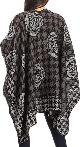 Dames Elegant Blomstermønstret Vendbar Shawl Kappe - Sort, Shawl S