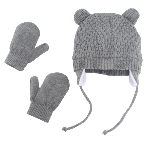 Kids Knitted Hat Gloves Two Piece Baby Fleece Warm Ear Protectio