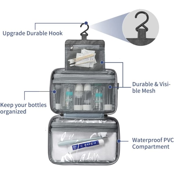 Hengende toalettveske for reise, bærbar sminkepung, vanntett sammenleggbar sminkepung, toalettveske for menn og kvinner (grå)