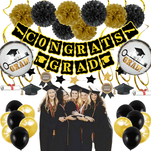 Dekorationer för examen i svart och guld Grattis Grad Banners Tissue Paper Pom Poms Hängande dekorationer Swirl Swirl Triangle Banner Girlander Ballonger
