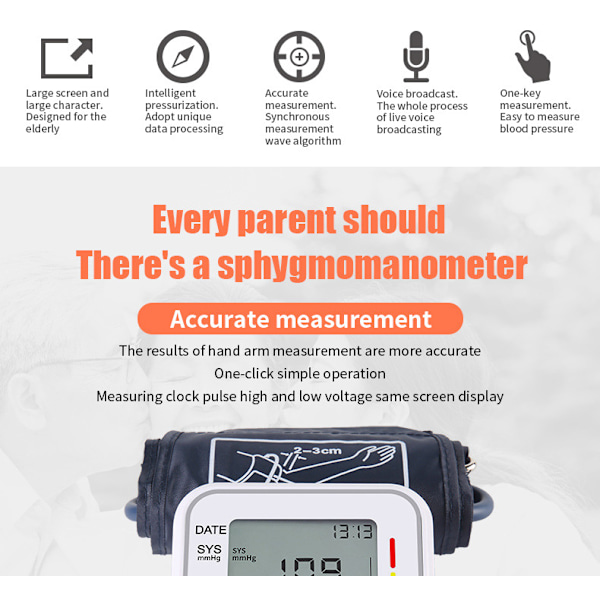 Blodtrykksmåler, en-klikks betjening overarms blodtrykksmåler, arytmideteksjon, stor mansjett