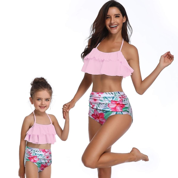 Damebadetøy Høyt midjet foreldre-barn badetøy med blomstertrykk Grime volanger 2-delt bikinisett svømmekostyme（XL rosa）