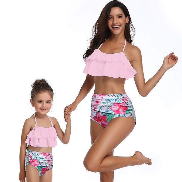 Kvinnors badkläder hög midja förälder-barn badkläder blommigt tryck halterneck volang 2-delad bikini set baddräkt（140 rosa）
