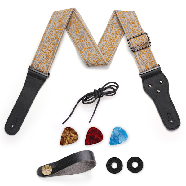 Justerbar Gitarrrem med Broderad Gitarrändespets, Set Passar för Trägitarr/Elgitarr/Elbas (Guld)