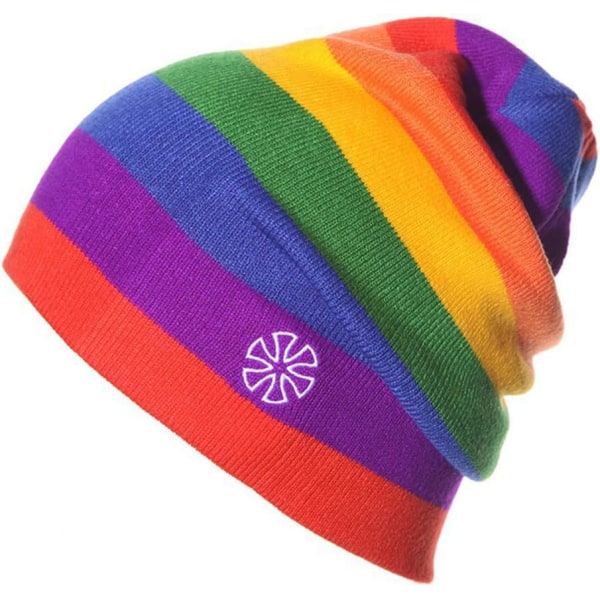 Women Men Winter Knitted Snow Ski Beanie Hat Rainbow Striped Bagg