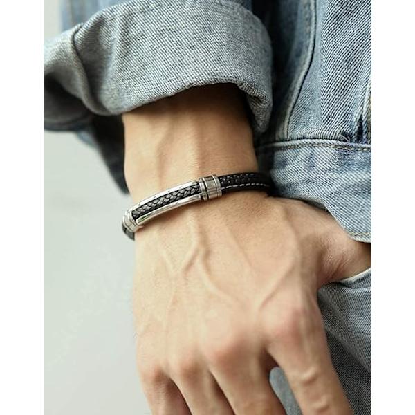 Svart läderarmband för män för tonårspojkar i silver rostfritt stål