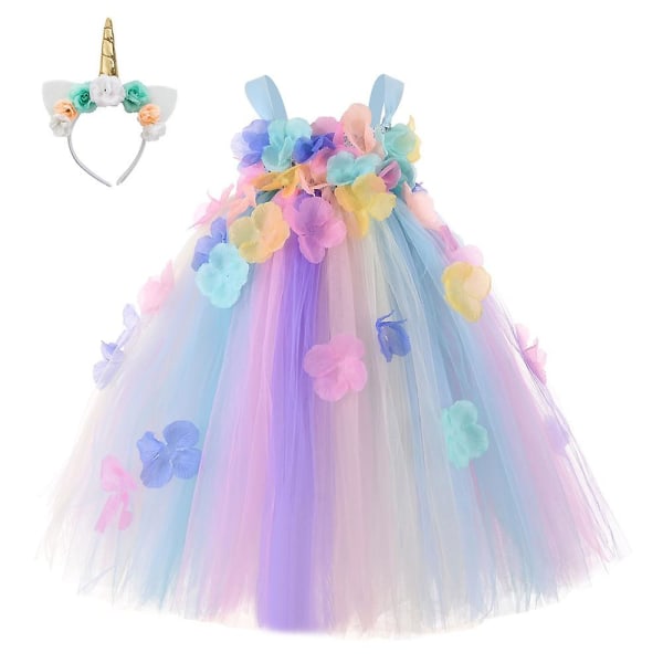 Enhjørning Blomster Prinsesse Pige Kjole Tulle Tutu Kjoler Med Hovedbånd（XL(7-8Y)）