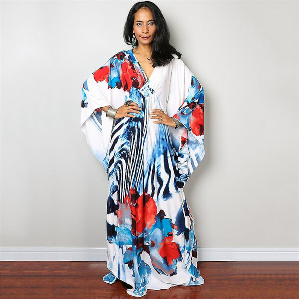 Dame Print Maxi Kjole Flagærme Strandkjole Plus Size Sommerkjole Strandtøj Kaftan Cover-ups Dn0508