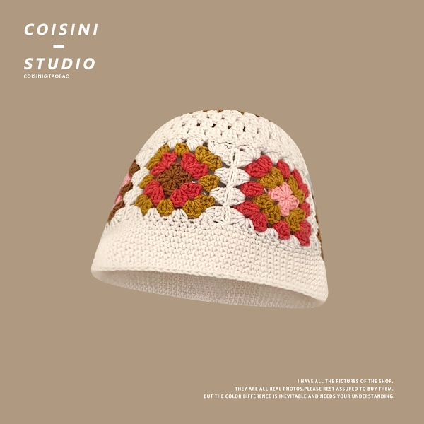 Hæklet Blom Beige Dame Vinter Bucket Hat Fashion Strik Cloche