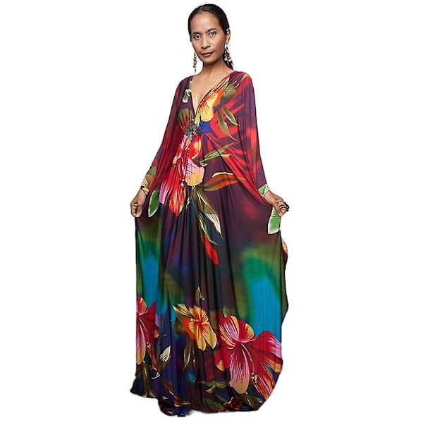 Kvinnors tryckta maxiklänning fladdermusärm strandklänning plus size solklänning strandkläder kaftan överdrag Dn0517