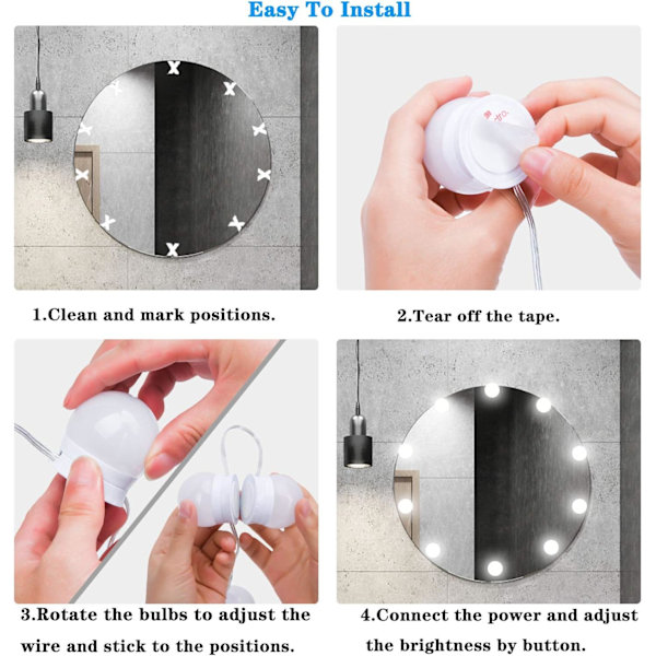 10 Vanity Mirror Lights, Dimmable Mirror Light Accent Light, Hollywood Style Mirror Light Kit Dimmable LED Bulbs, Vanity Mirror Vanity Light (USB Cable, Mirror Not Included)