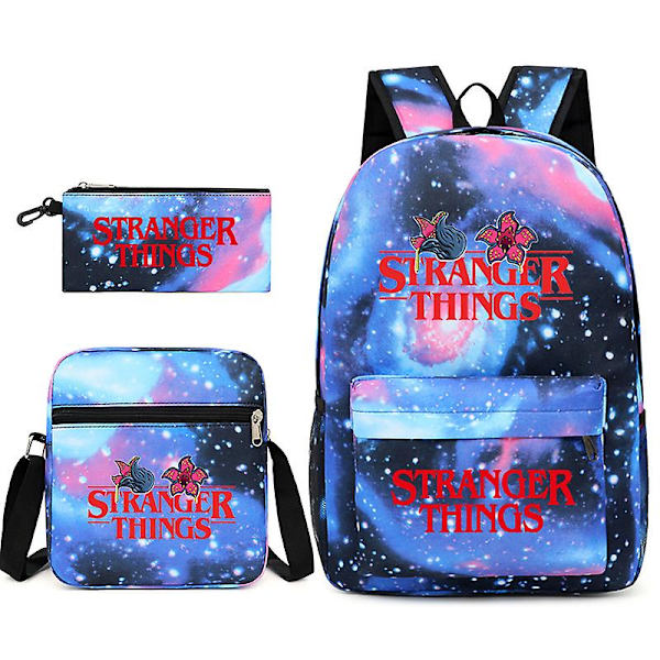 Stranger Things Student Skolväska Ryggsäck Liten Axelväska Pennfodral Tredelad Set（Himmelsblå 5）