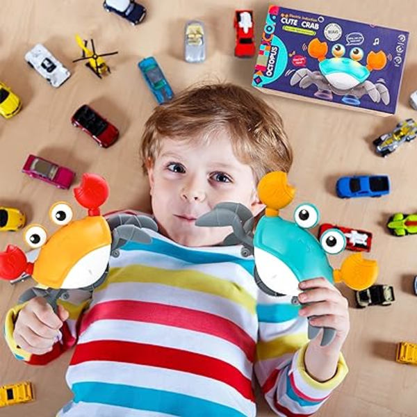 Baby krabbe krypende leketøy har musikk og LED-lys, småbarnsinteraksjon med automatisk sensing for å unngå hindringer, intellektuell utviklingsleketøy（blå）
