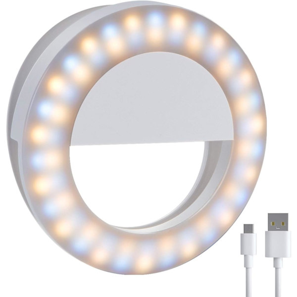1 stk. Selfie Ring Light, [3 lystilstande] [Genopladelig] med dobbelt række LED-lys, 4-trins klips på mini små cirkellys kompatibel med iPhone 11 12 Pro X Xr Xs Max 7 8 iPad bærbare computere