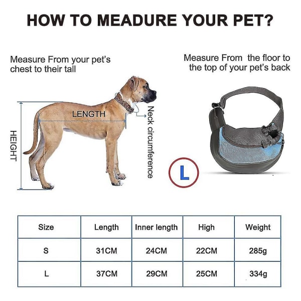 Bärbar hundslinga, andningsbar mesh reseväska för husdjur, handsfree-slingväska, justerbar vadderad rem, framficka, enkel axelväska för hundar och katter (S)