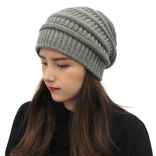 Vinterstrikkede hue til kvinder, silkefor med satin, chunky hue, blød strækbar kabelstrik, varm slouchy hue (mørkegrå1)