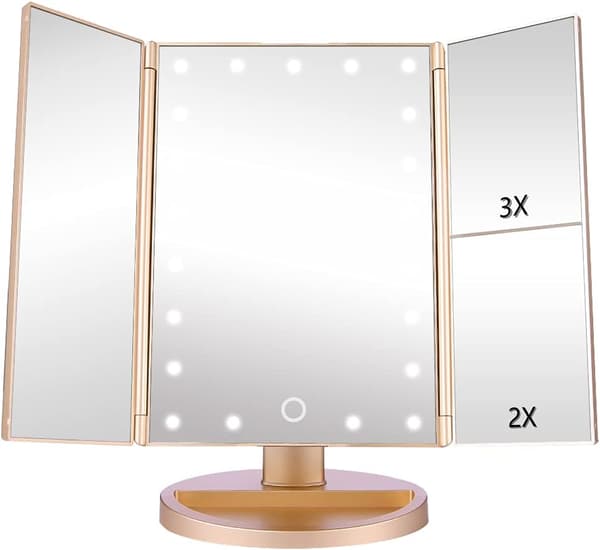 Lighted Vanity Mirror Touch Trifold Lighting 2x3x Magnification w