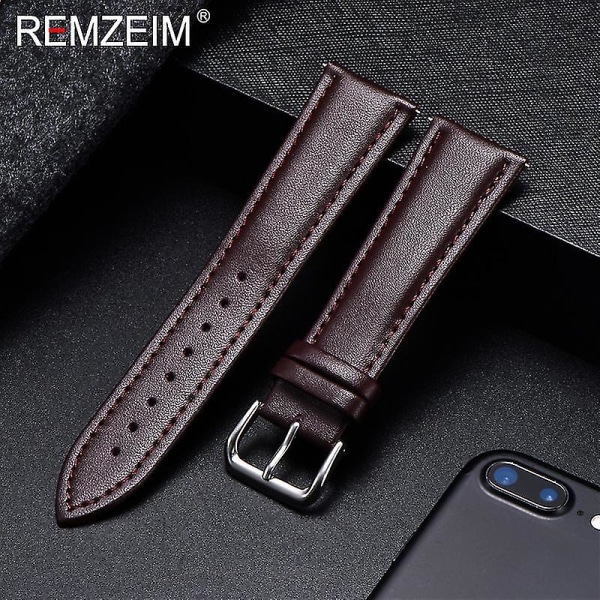 Remzeim Calfskin Leather Watchband Soft Material Watch Band Wrist Strap 22mm With Silver