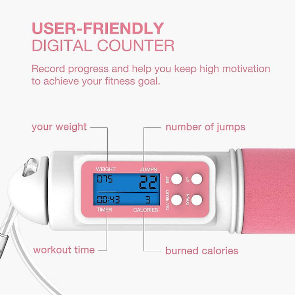 Hoppende tau med hastighetskalorimåler Justerbar digitalt hoppetau med alarmvarsling（Rosa）