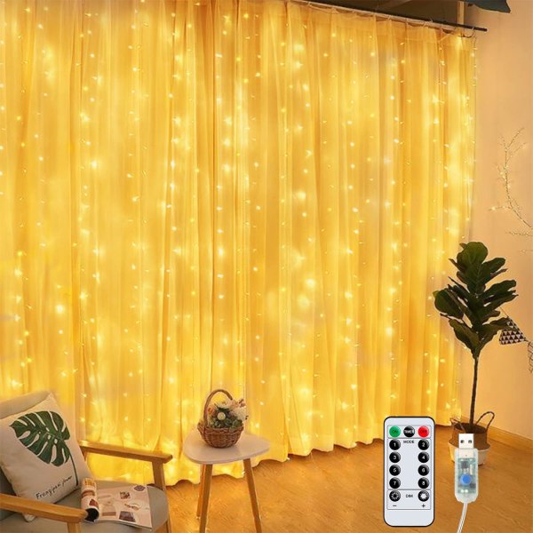 300 LED-gardinlampor - Varmvitt, 3m*3m, 8 dimbara belysningslägen